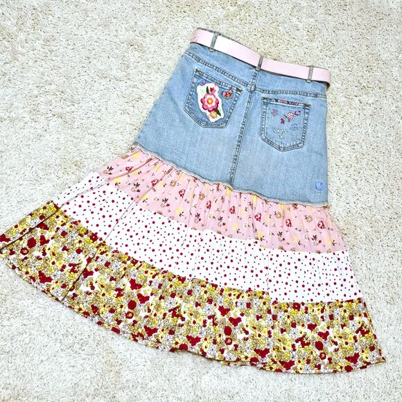 Skirt. Denim Pink Yellow Multi Tiered Floral Pattern. Upcycled Girls Size 10 GUC - Picture 12 of 16